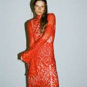 Galvan London Red Oasis high neck embroidered lace dress with Keyhole back